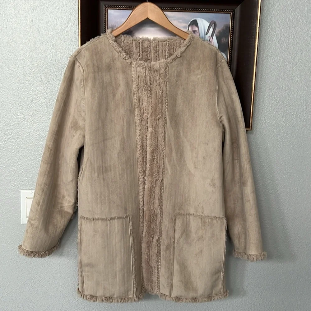 CHI by CARLOS FALCHI Vintage Reversible Luxury Tan Faux-Fur Suede Coat Jacket